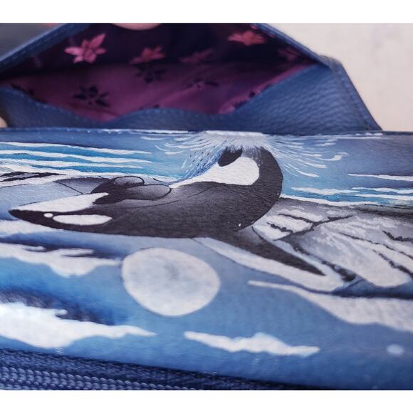 ANUSCHKA Leaping Orca Handpainted Leather Wallet RFID Blocker Protection Blue - Picture 9 of 14